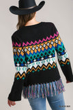 Aztec Print Round Neck Knit Sweater with Tassel Hem