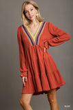 Crochet Embroidered Tiered Knit Dress with Cuff Sleeves - Rust