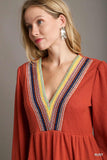 Crochet Embroidered Tiered Knit Dress with Cuff Sleeves - Rust
