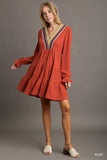 Crochet Embroidered Tiered Knit Dress with Cuff Sleeves - Rust