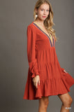 Crochet Embroidered Tiered Knit Dress with Cuff Sleeves - Rust