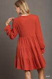Crochet Embroidered Tiered Knit Dress with Cuff Sleeves - Rust