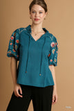 Split Neck Puff Embroidery Sleeve Drawstring Top