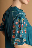 Split Neck Puff Embroidery Sleeve Drawstring Top
