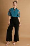 Split Neck Puff Embroidery Sleeve Drawstring Top