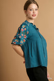 Split Neck Puff Embroidery Sleeve Drawstring Top