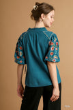 Split Neck Puff Embroidery Sleeve Drawstring Top