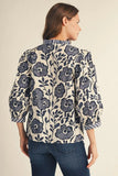 Floral Print Stripe Trim Split Neck Blouse - Navy