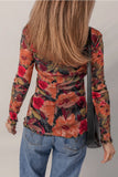 Floral Print Lettuce Trim Long Sleeve Mesh Top