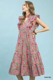 Romantic Garden Tiered Ruffle Sleeve Midi Dress