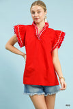 Scallop Trim Ruffle Shoulder Blouse