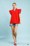 Scallop Trim Ruffle Shoulder Blouse