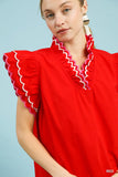 Scallop Trim Ruffle Shoulder Blouse