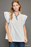 Scallop Trim Ruffle Shoulder Blouse