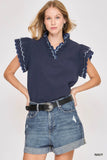 Scallop Trim Ruffle Shoulder Blouse
