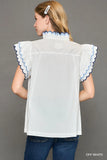 Scallop Trim Ruffle Shoulder Blouse