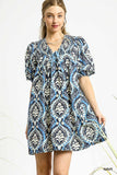 Midnight Medallion Tie Neck Puff Sleeve Dress- Blue