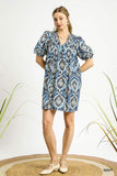 Midnight Medallion Tie Neck Puff Sleeve Dress- Blue