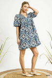 Midnight Medallion Tie Neck Puff Sleeve Dress- Blue