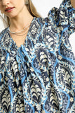 Midnight Medallion Tie Neck Puff Sleeve Dress- Blue