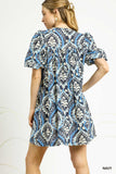 Midnight Medallion Tie Neck Puff Sleeve Dress- Blue