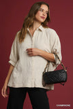 Jacquard Textured Leaf Button-Down Blouse