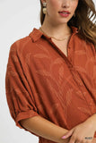 Jacquard Textured Leaf Button-Down Blouse