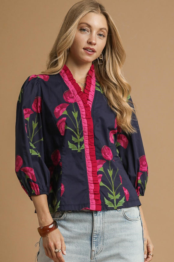 Mila Midnight Bloom Ruffle Trim Blouse