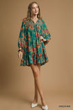 Abstract Hibiscus Elastic Sleeve Mini Dress