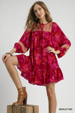 Abstract Hibiscus Elastic Sleeve Mini Dress - Merlot