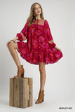 Abstract Hibiscus Elastic Sleeve Mini Dress - Merlot