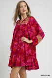 Abstract Hibiscus Elastic Sleeve Mini Dress - Merlot
