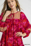 Abstract Hibiscus Elastic Sleeve Mini Dress - Merlot