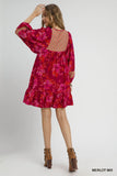 Abstract Hibiscus Elastic Sleeve Mini Dress - Merlot