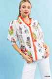 Botanical Print Ruffle Collar Button Front Blouse- Cream
