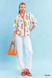 Botanical Print Ruffle Collar Button Front Blouse- Cream