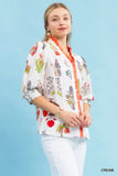 Botanical Print Ruffle Collar Button Front Blouse- Cream