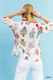 Botanical Print Ruffle Collar Button Front Blouse- Cream