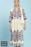 Mosaic Border Puff Sleeve Midi Dress