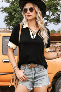 Color Contrast Collared Puff Sleeve Blouse - Black
