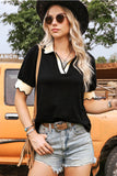 Color Contrast Collared Puff Sleeve Blouse - Black