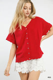 Scalloped Button Front Dolman Top- Red