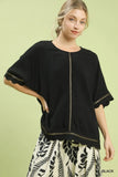 Metallic Trim Scallop Hem Poncho Top-Black