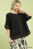 Metallic Trim Scallop Hem Poncho Top-Black