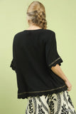 Metallic Trim Scallop Hem Poncho Top-Black