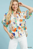 Brushed Floral Split Neck Blouse - Teal/Cream