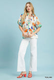 Brushed Floral Split Neck Blouse - Teal/Cream