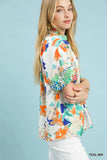 Brushed Floral Split Neck Blouse - Teal/Cream