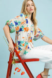 Brushed Floral Split Neck Blouse - Teal/Cream