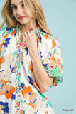 Brushed Floral Split Neck Blouse - Teal/Cream